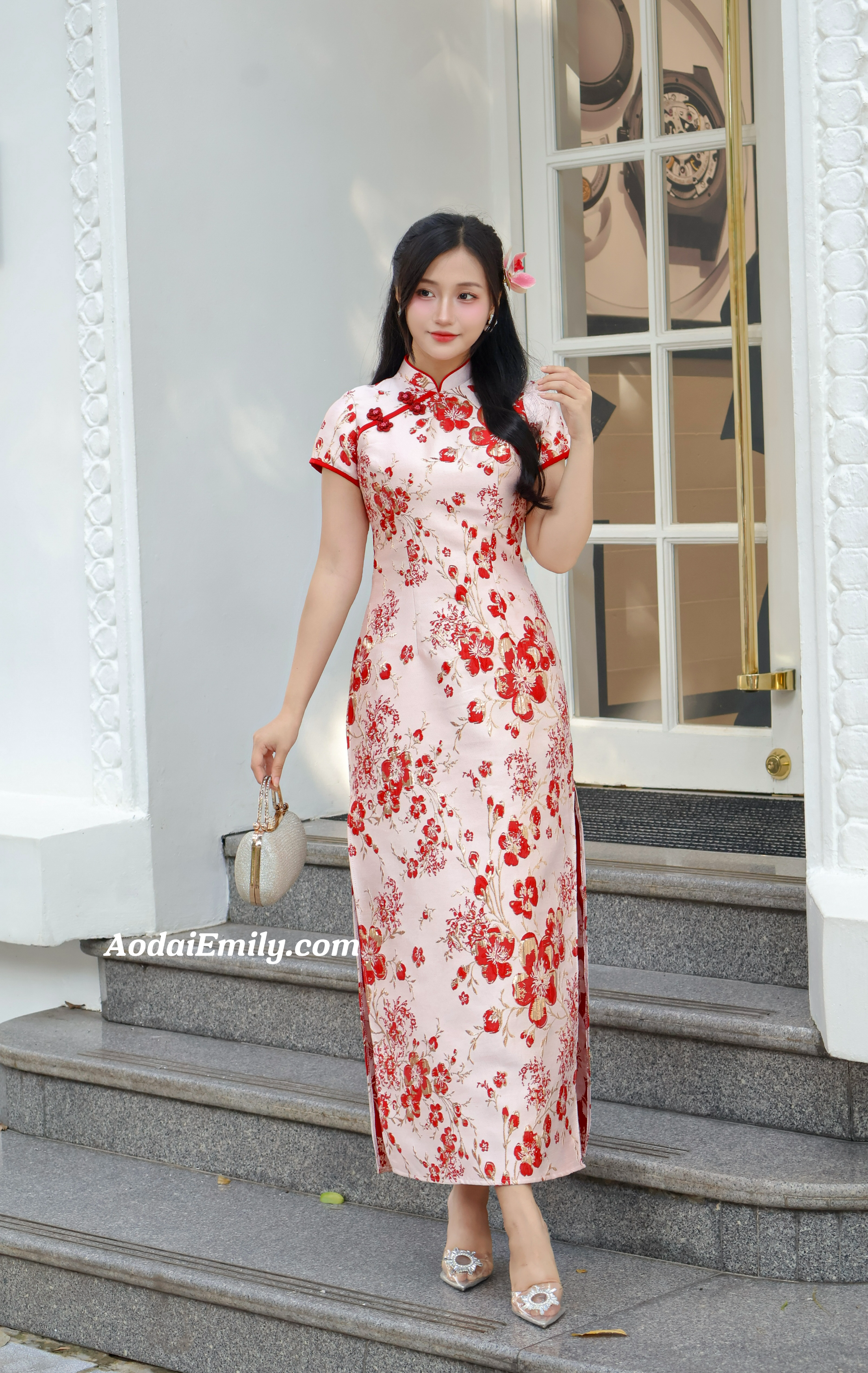 Mandarin Dress with Red Cherry blossom patterns
