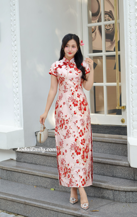 KIANA Mandarin Dress with Red Cherry blossom patterns
