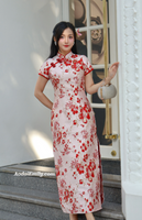 KIANA Mandarin Dress with Red Cherry blossom patterns