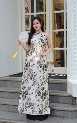 KYRA Black/ gold Sleeveless Spring patterns Pre made ao dai