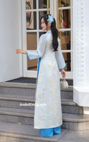 LENORA Blue Taffeta ao dai set with 3D Cherry Blossom Spring flowers pattern