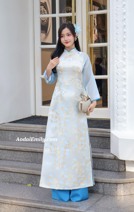 LENORA Blue Taffeta ao dai set with 3D Cherry Blossom Spring flowers pattern