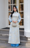 LENORA Blue Taffeta ao dai set with 3D Cherry Blossom Spring flowers pattern