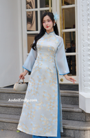 LENORA Blue Taffeta ao dai set with 3D Cherry Blossom Spring flowers pattern