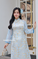 LENORA Blue Taffeta ao dai set with 3D Cherry Blossom Spring flowers pattern