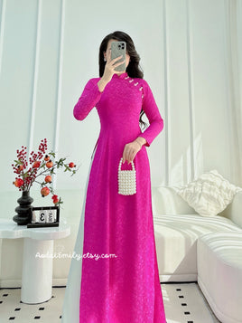 SUNLEE Ao dài gấm Pre made Vietnam with buttons|