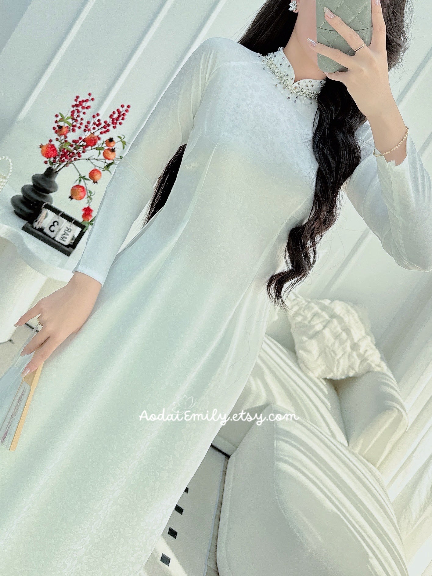 White Pre made ao dai Vietnam with beading crystals collar