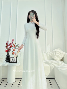 EVE White Pre made ao dai Vietnam with beading crystals collar