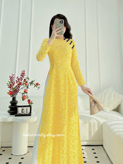 Ao dài gấm Yellow Pre made ao dai Vietnam with buttons