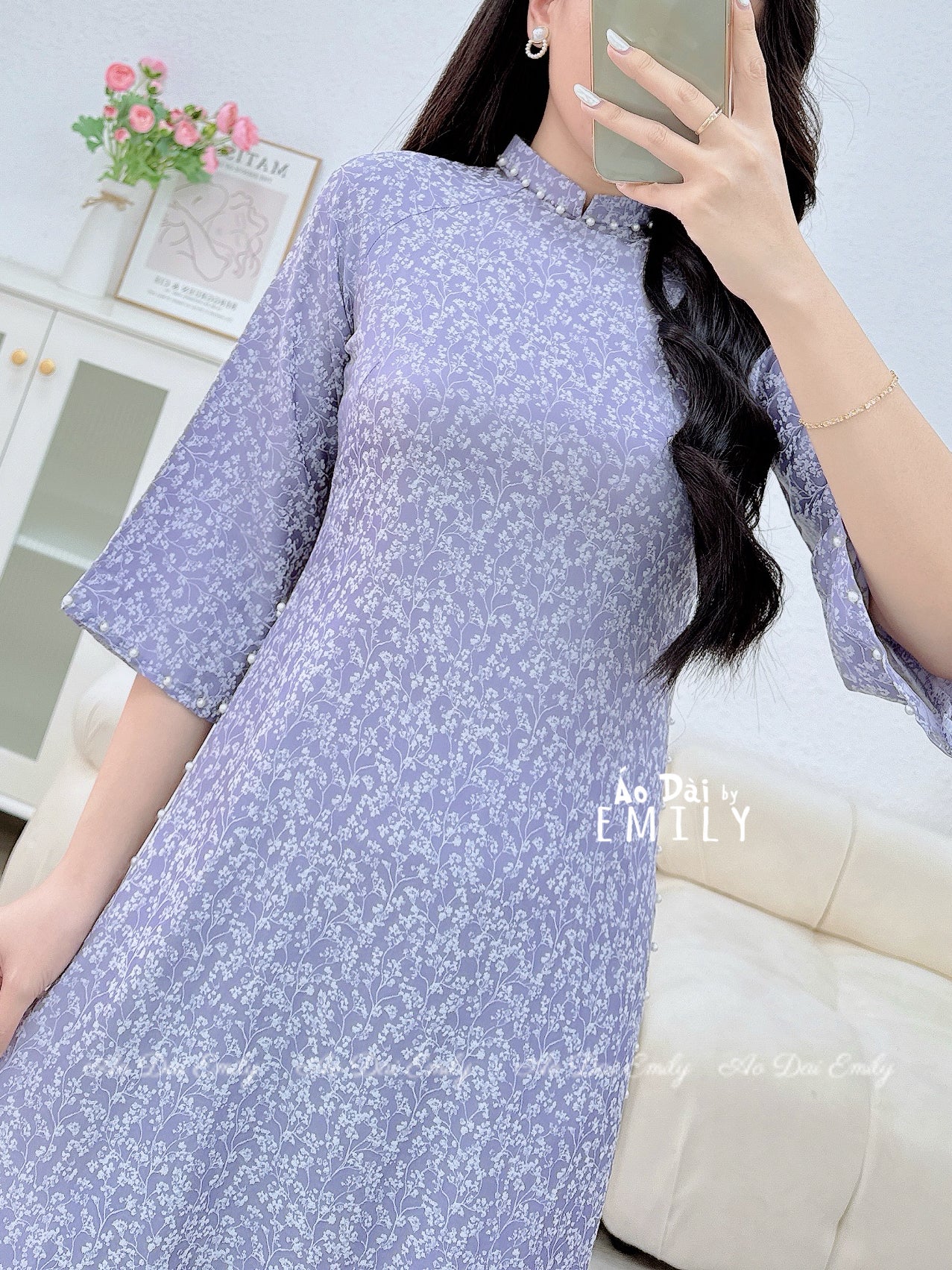 Loosing style Purple modern ao dai with pearls
