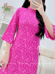 Loosing style Hot Pink modern ao dai with pearls