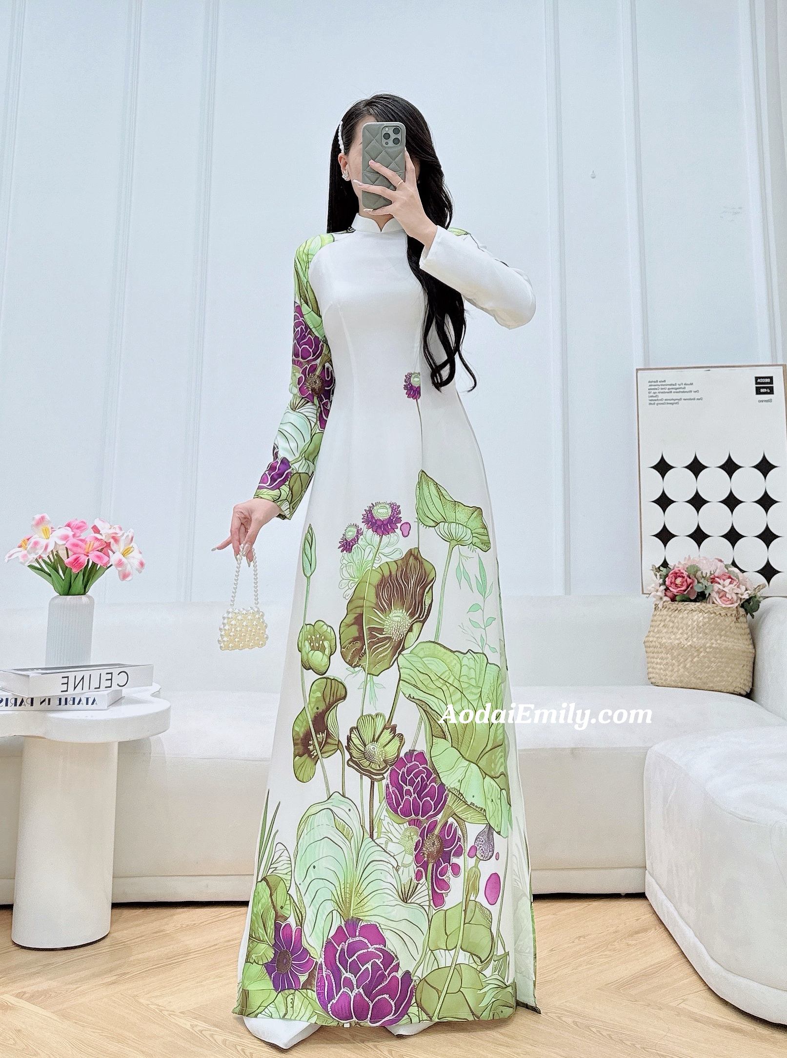 Printed Lotus flowers pattern Pre made ao dai for women