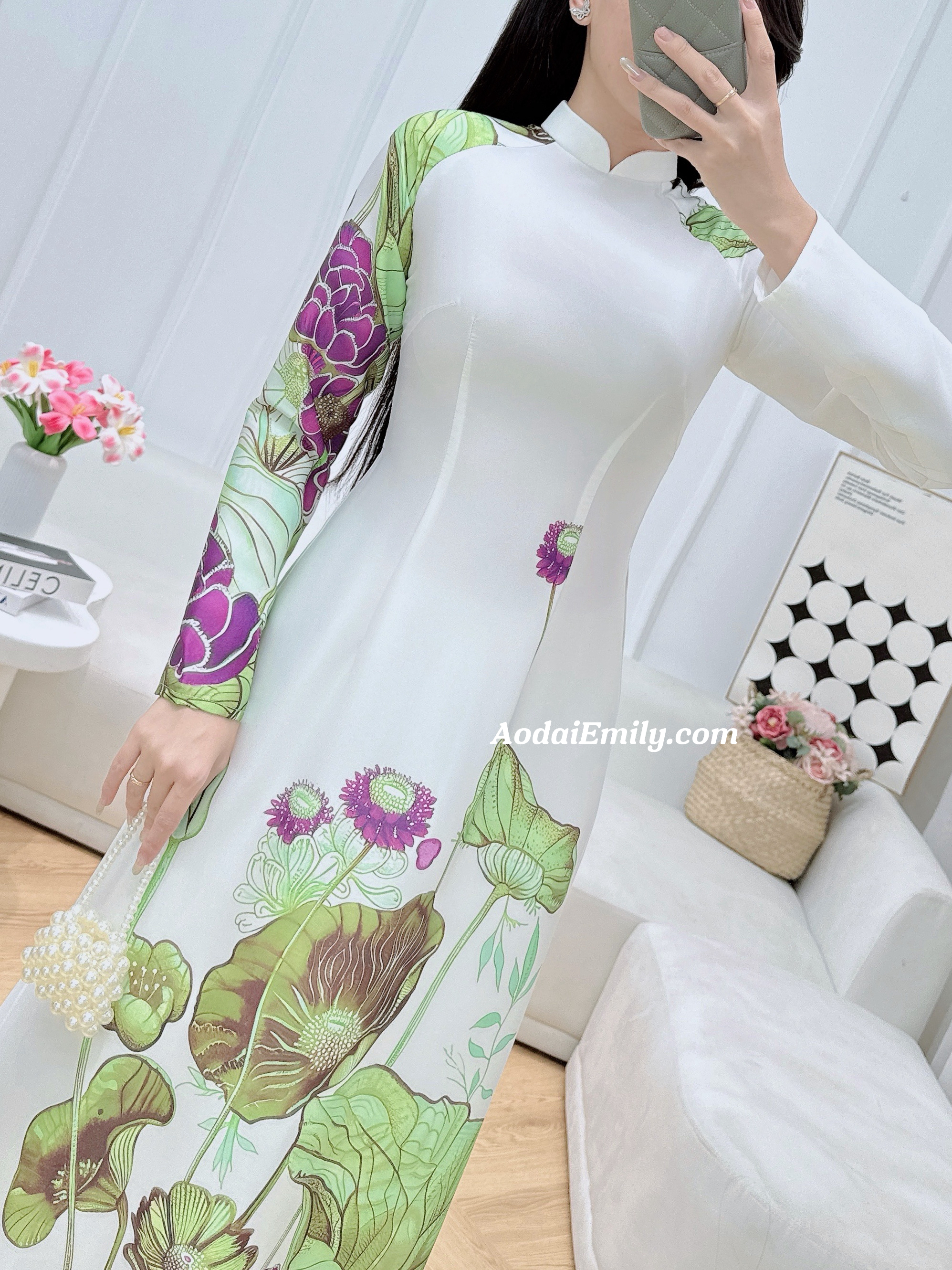 Printed Lotus flowers pattern Pre made ao dai for women