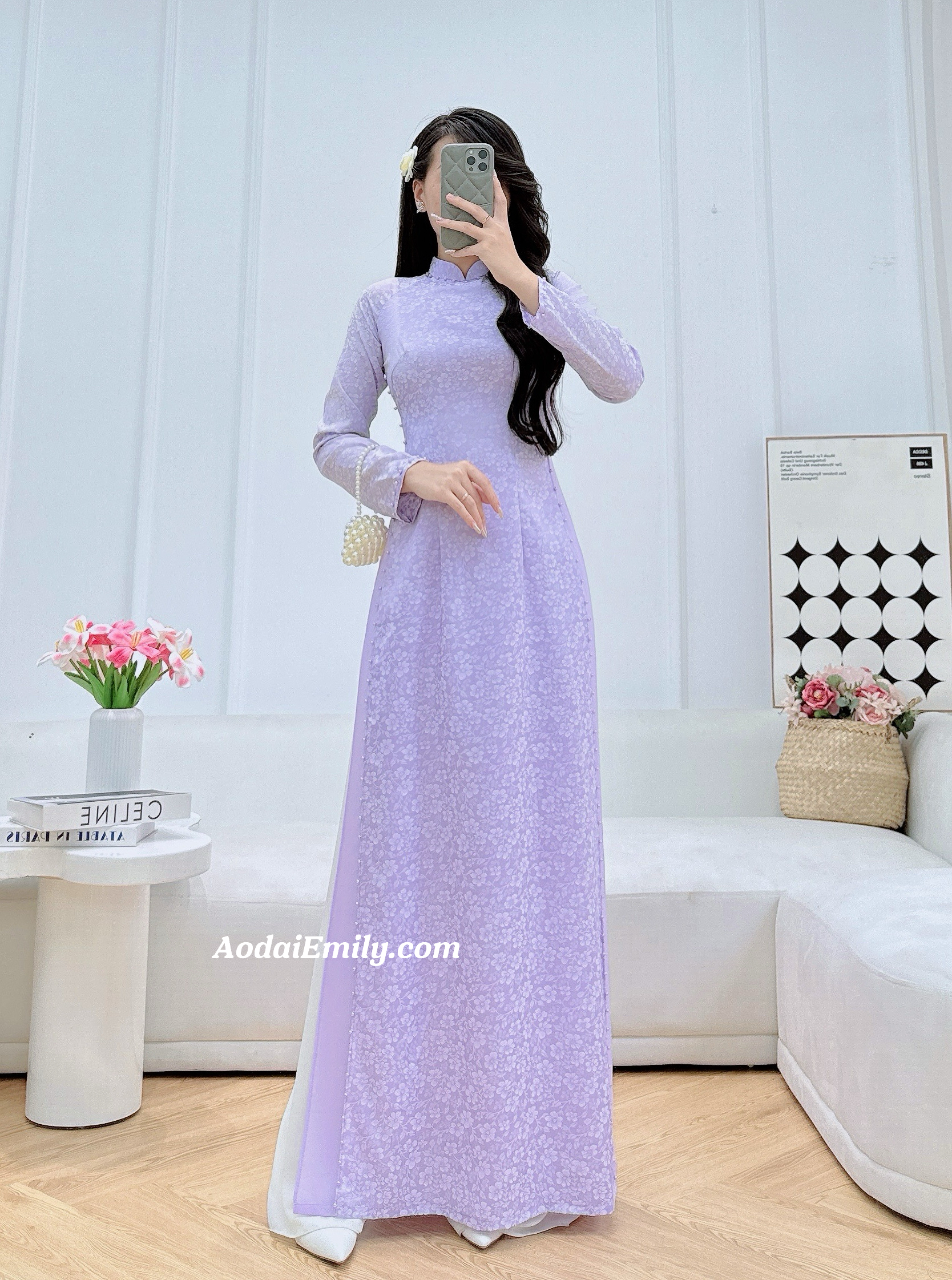 Pastel purple ao dai set with pearls