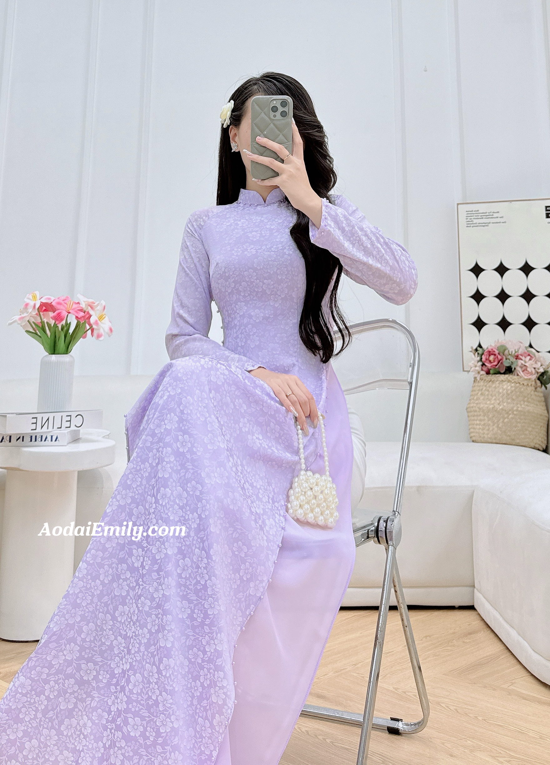 Pastel purple ao dai set with pearls