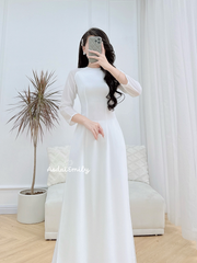 White Double layers chiffon Ao Dai Set with round collar