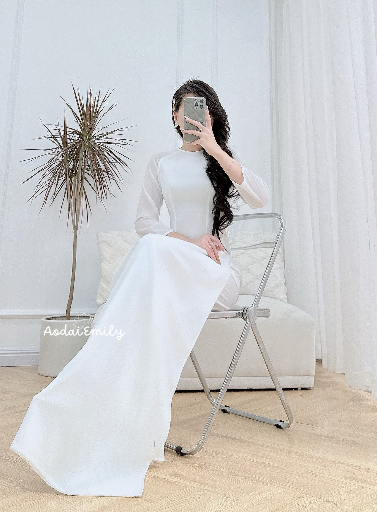 White Double layers chiffon Ao Dai Set with round collar