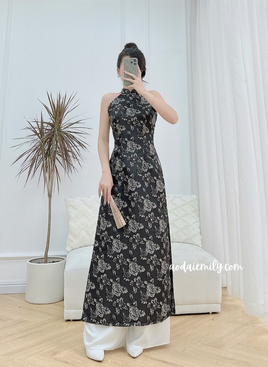 TEAGAN Printed Rose patterns Black Sleeveless Ao dai