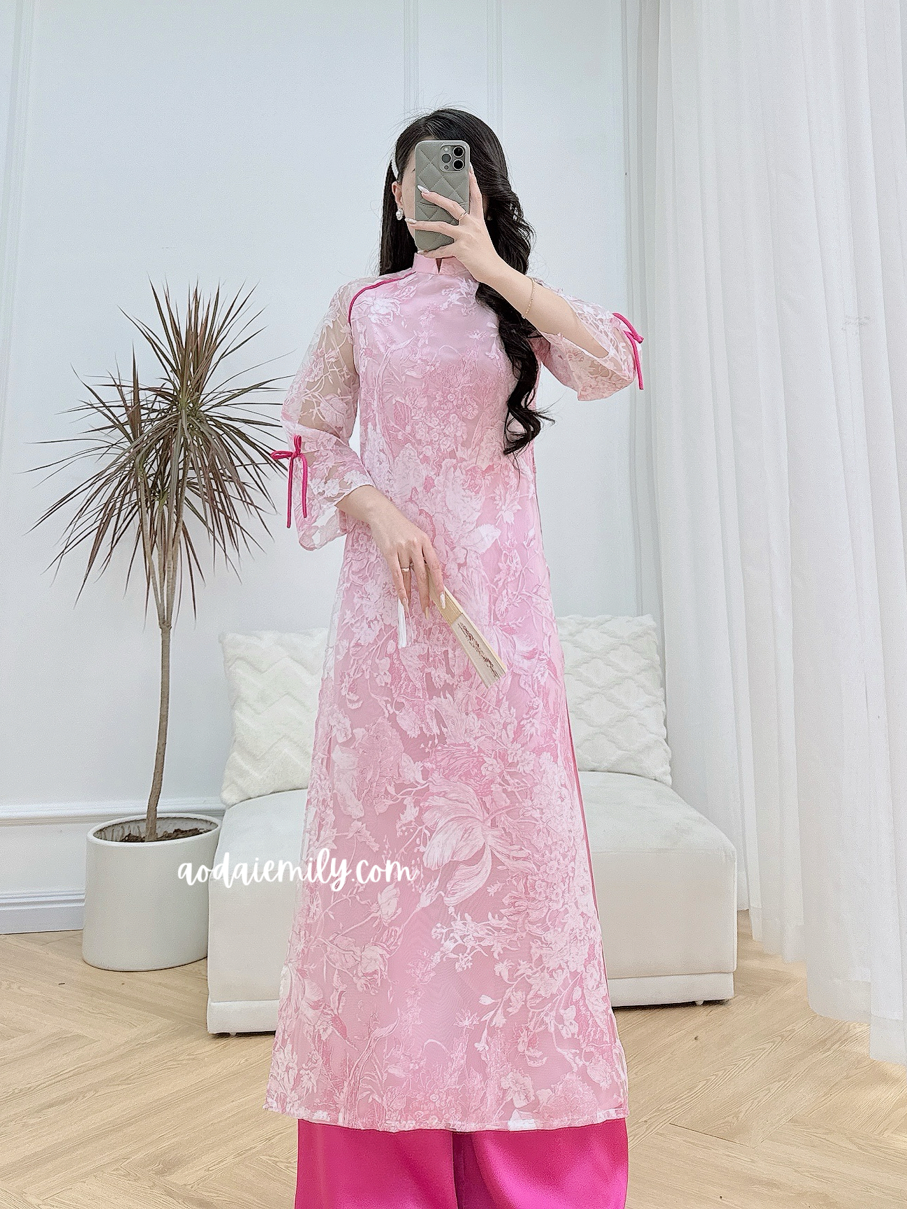 Pink Spring flowers pattern Modern Ao dai