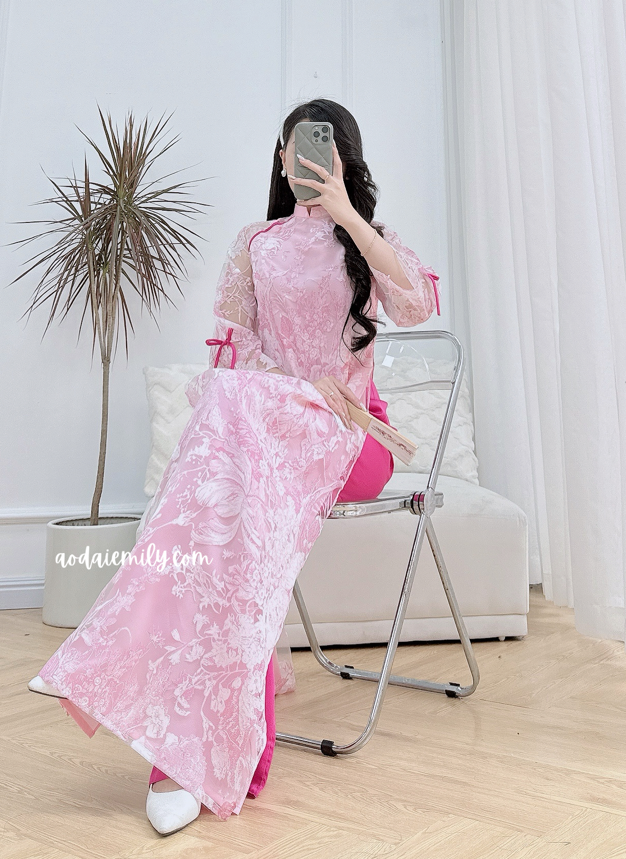 Pink Spring flowers pattern Modern Ao dai
