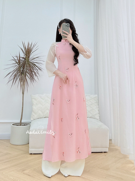 ABBY Pink modern ao dai with embroidery flowers and bows