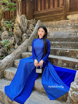 BEATRICE Sapphire Blue ao dai set with pearls