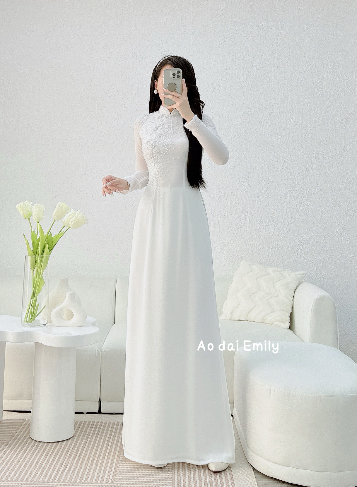 Ao dai with designed crystals, pearls and 3D flowers|Aloha