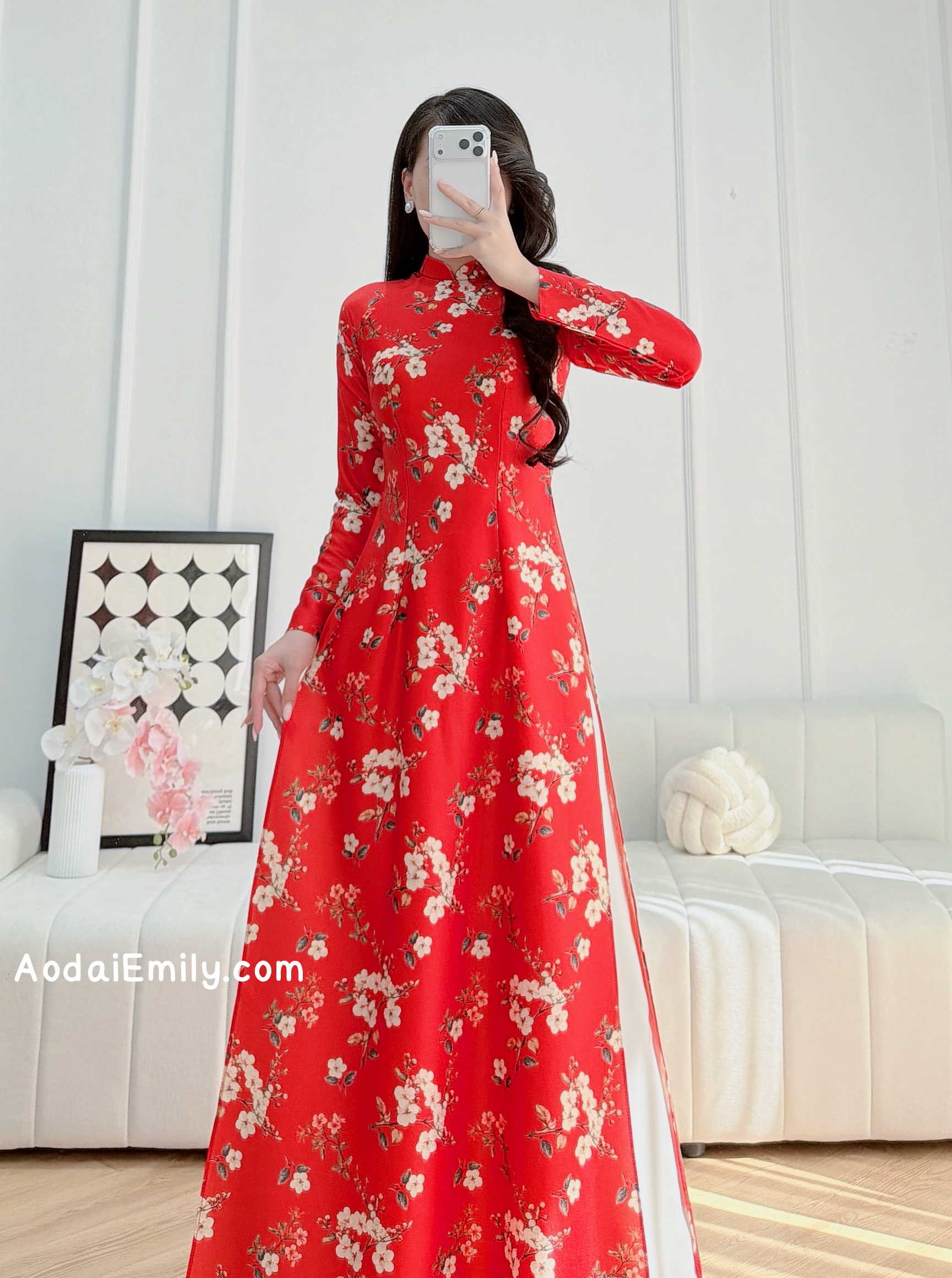 Red Printed flowers pattern Pre made ao dai