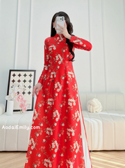 Red Printed flowers pattern Pre made ao dai