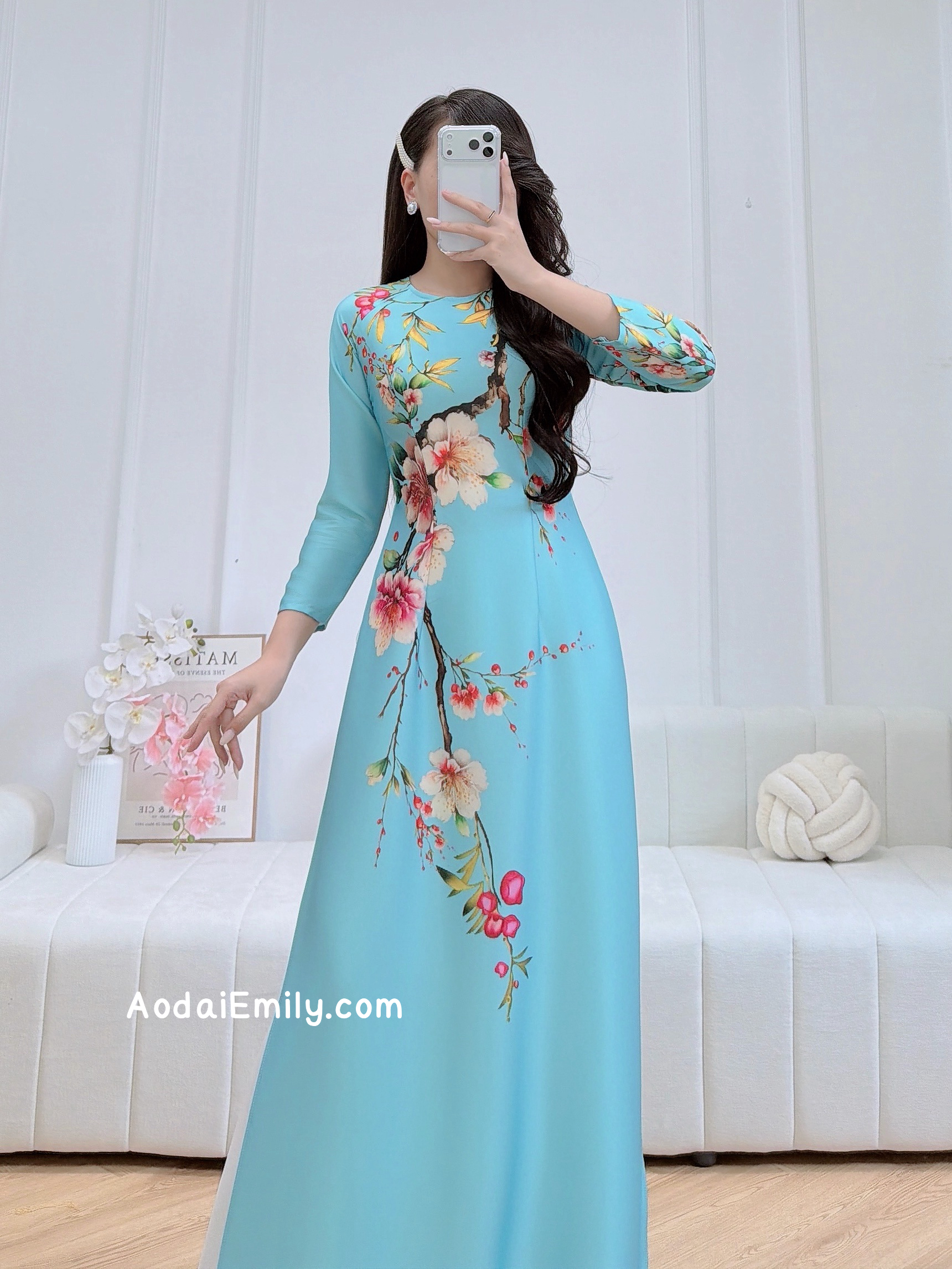 Blue printed TET pattern Pre made ao dai