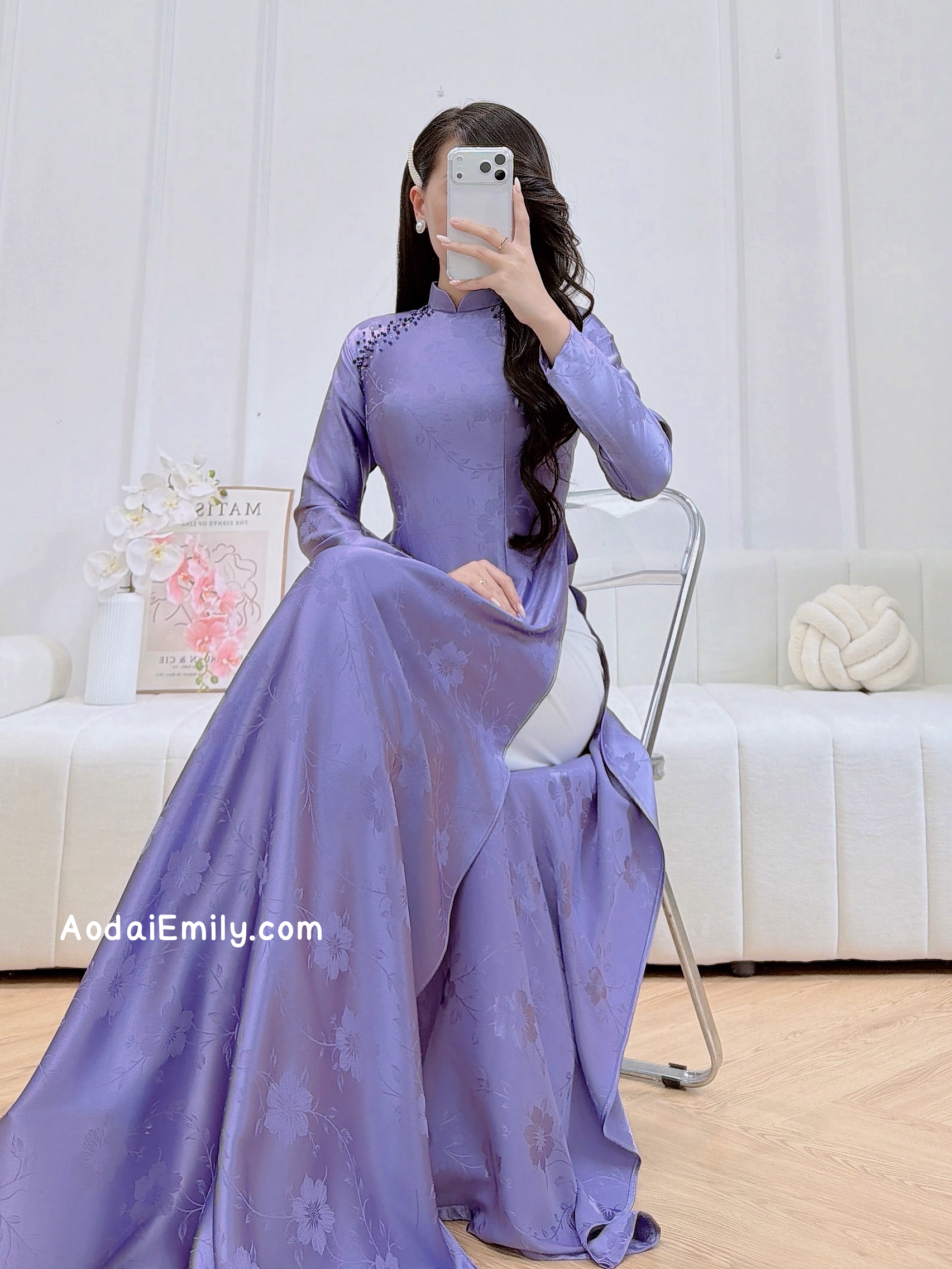 Purple Ao Dai Gấm with simple crystals design |GMP001