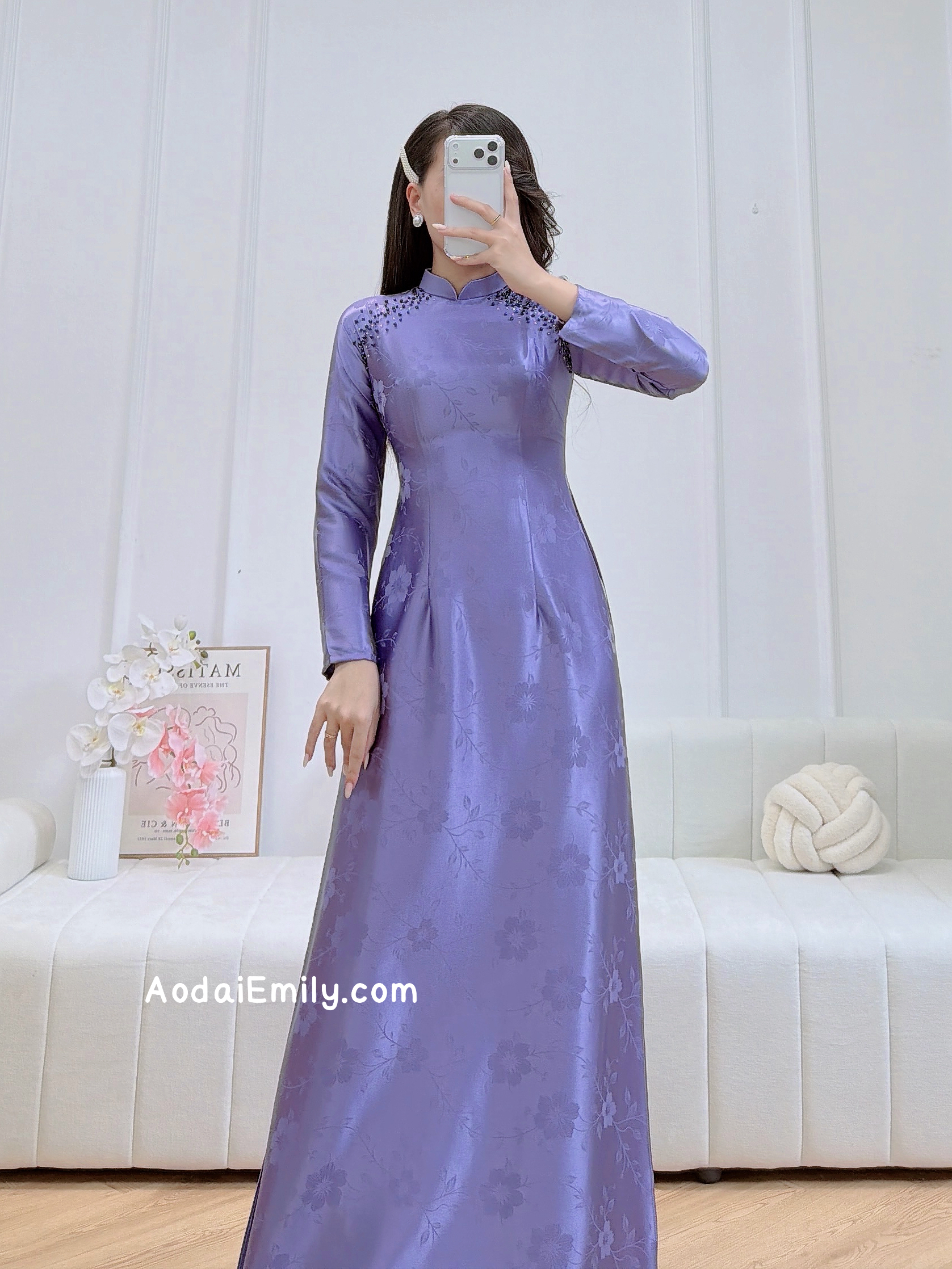 Purple Ao Dai Gấm with simple crystals design |GMP001
