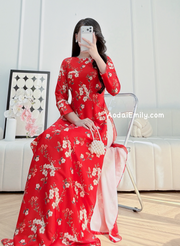 Red Printed flowers pattern Pre made ao dai