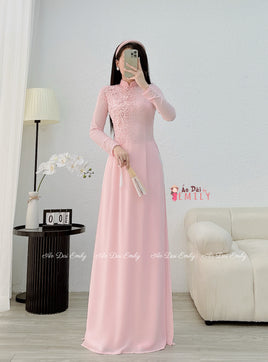 ARIANA Pink Ao dai with designed crystals and 3D flowers