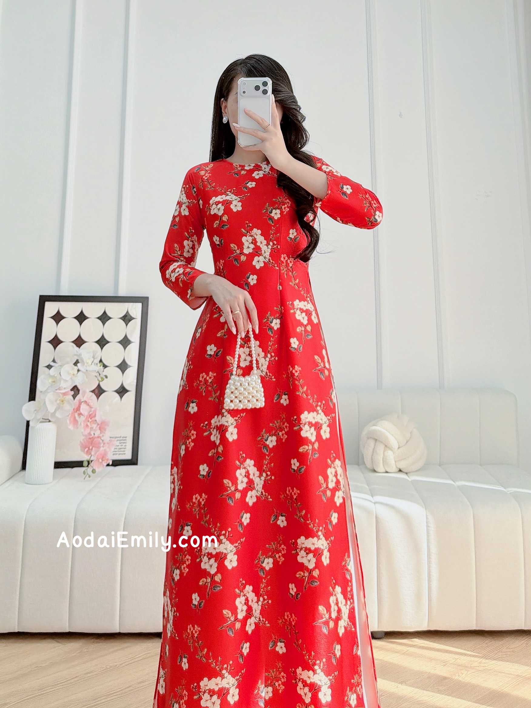 Red Printed flowers pattern Pre made ao dai
