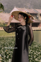 PENNY Black Double layers modern ao dai with hand beading ribbon embroidery
