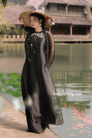Black Double layers modern ao dai with hand beading ribbon embroidery