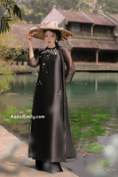 PENNY Black Double layers modern ao dai with hand beading ribbon embroidery