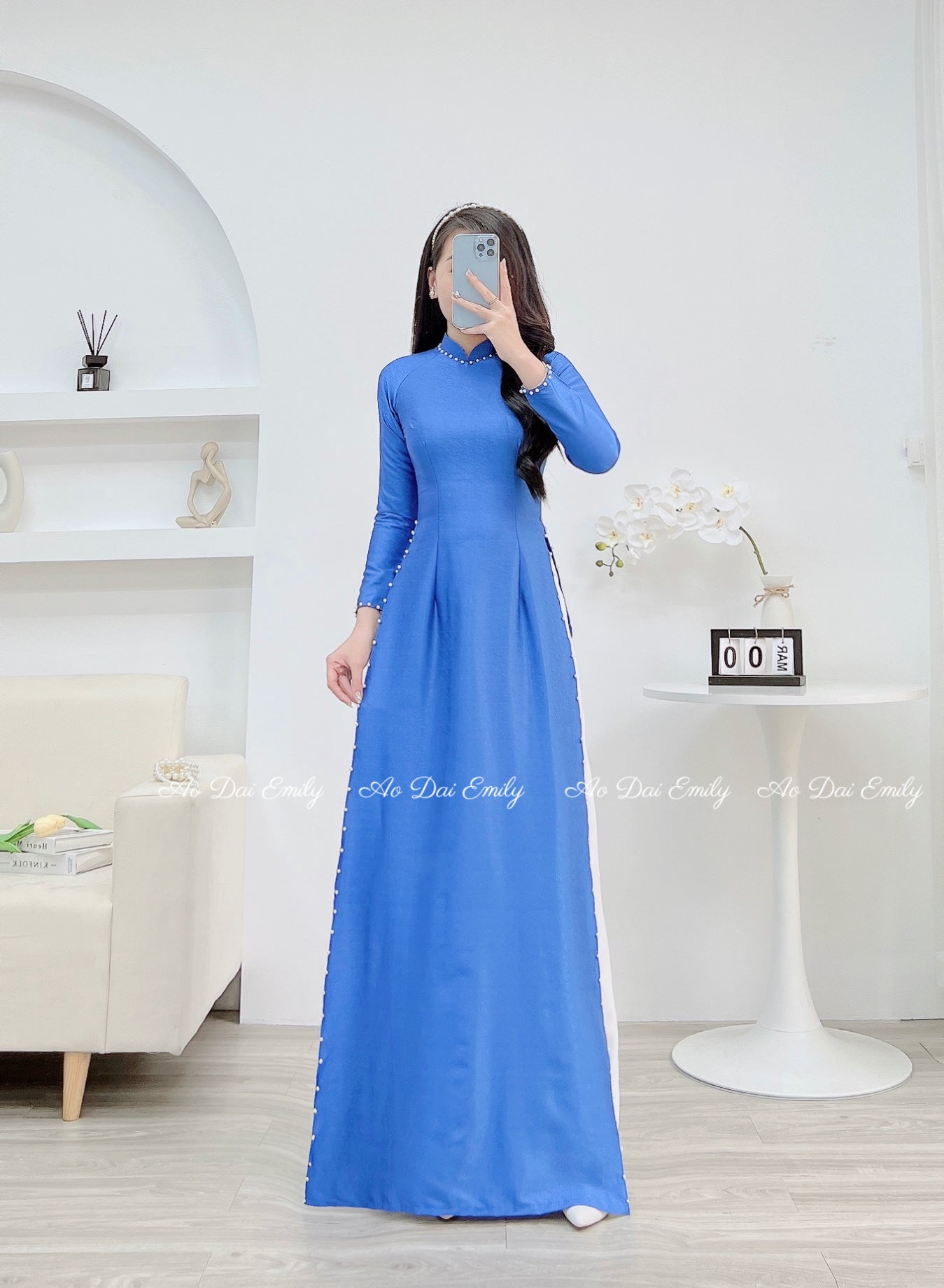 Plain Blue ao dai with simple pearls designed