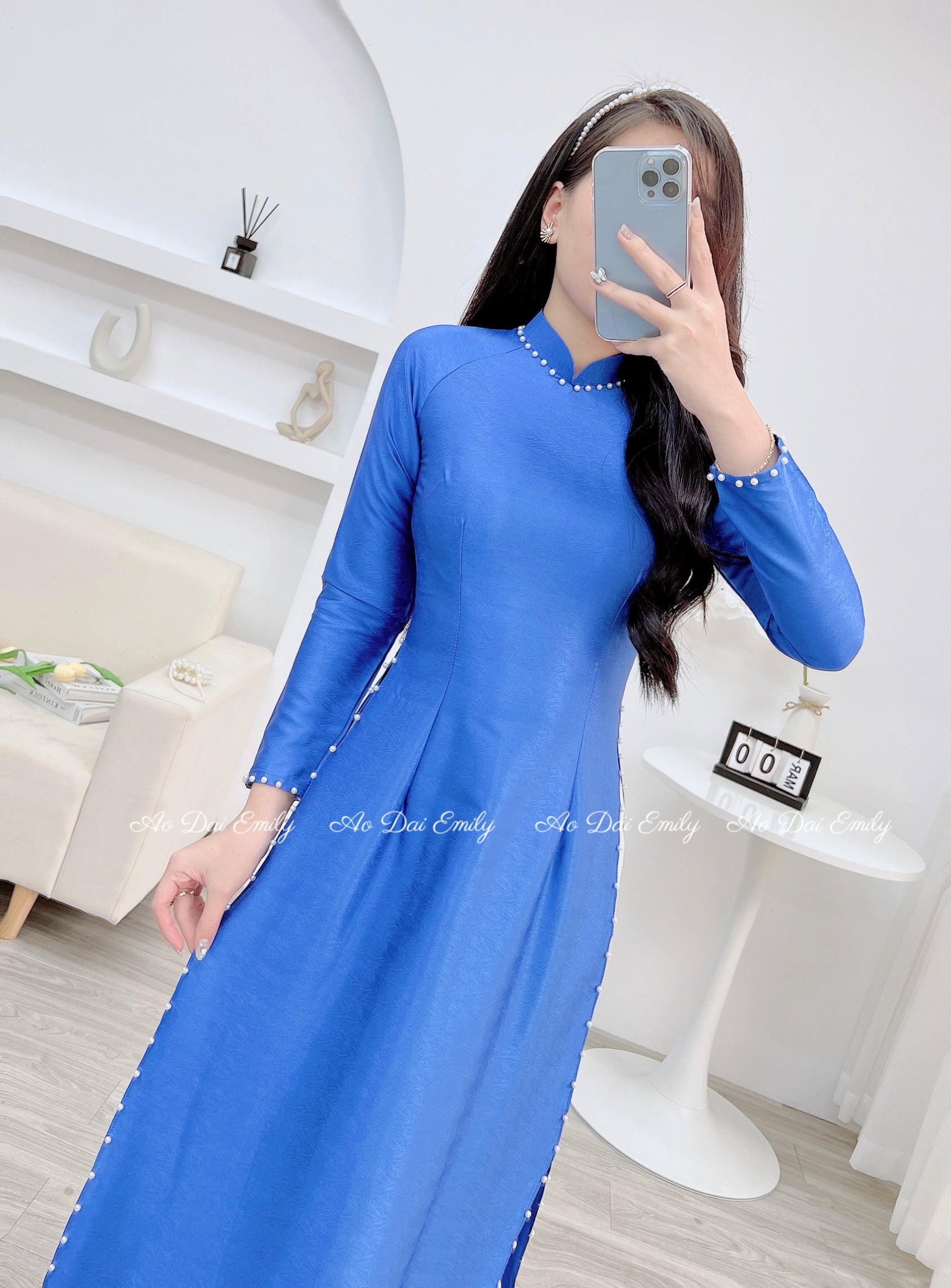 Plain Blue ao dai with simple pearls designed