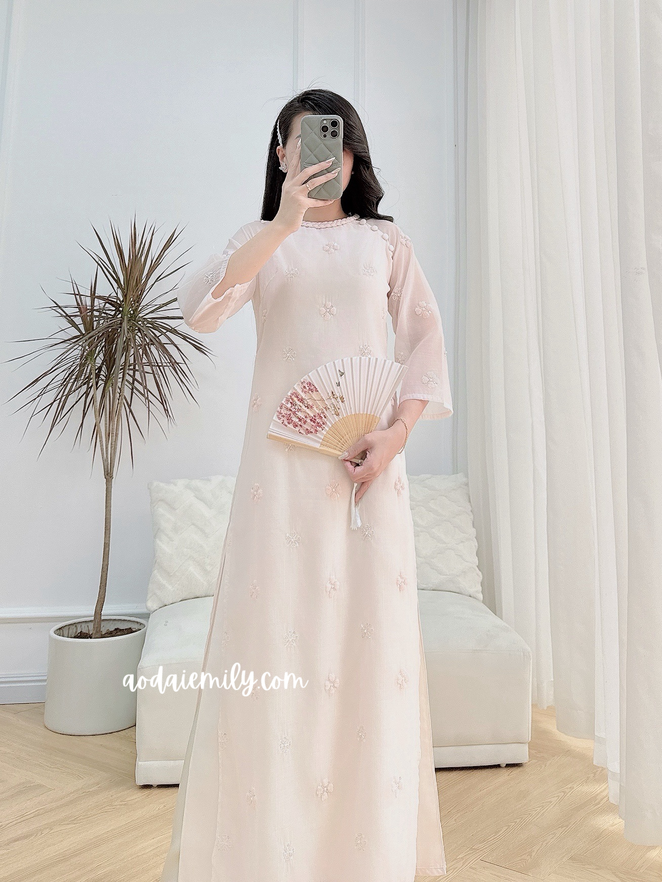 Light Pink modern ao dai with crystals flowers