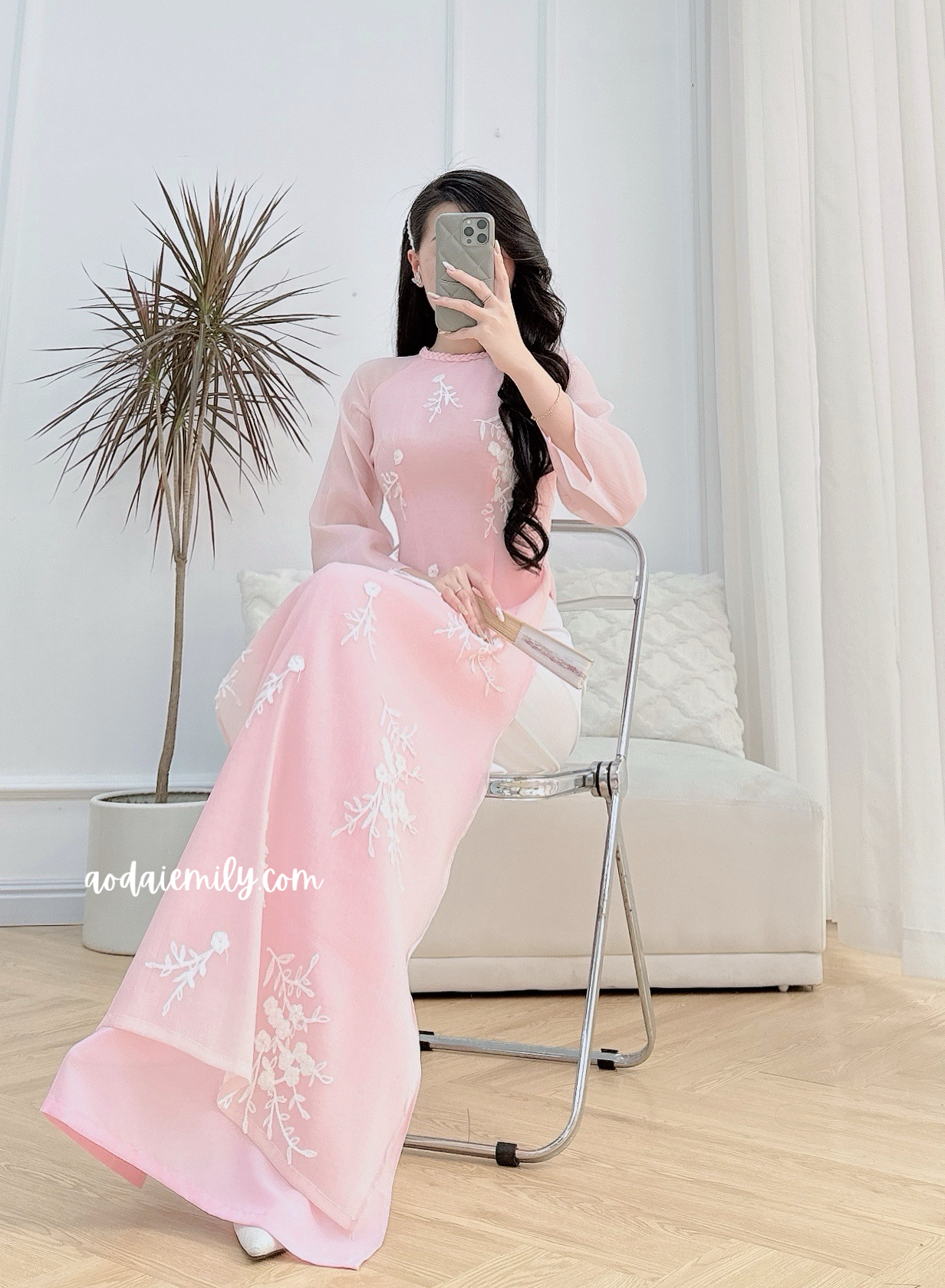 Pink double layers modern ao dai with embroidery flowers