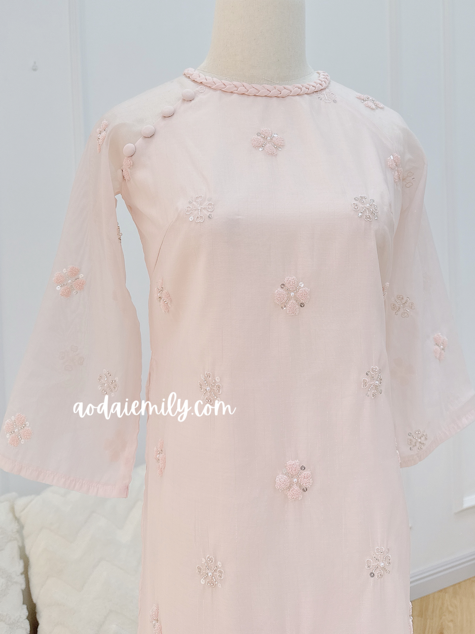 Light Pink modern ao dai with crystals flowers