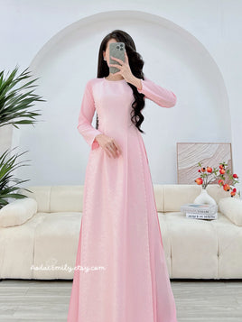 SARAH Pastel pink ao dai set with pearls | áo dài gấm