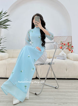 LEAH Baby blue double layers modern ao dai with embroidery flowers