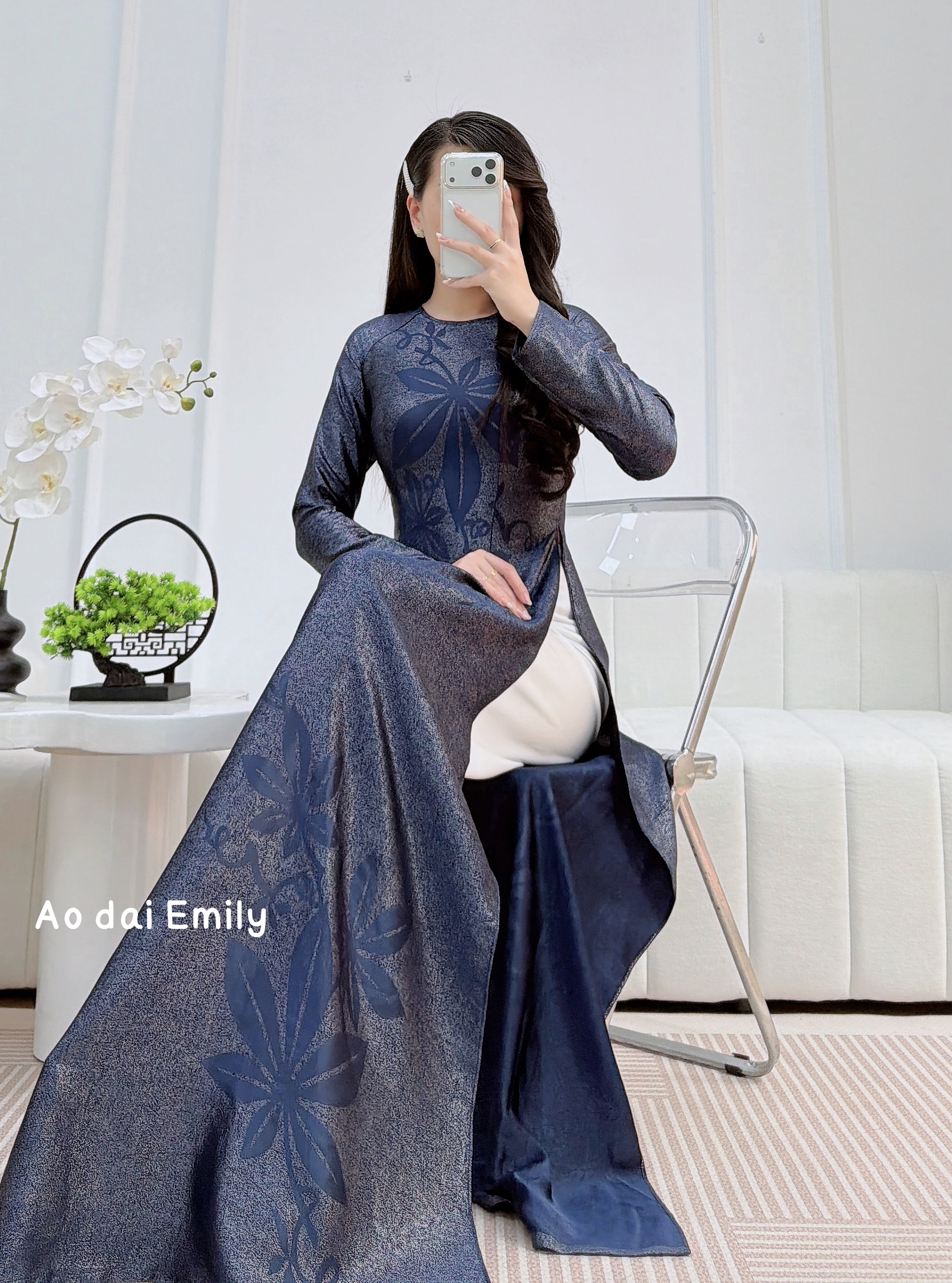 Sparkling Dark Blue Ao dai with round collar |Common mallow