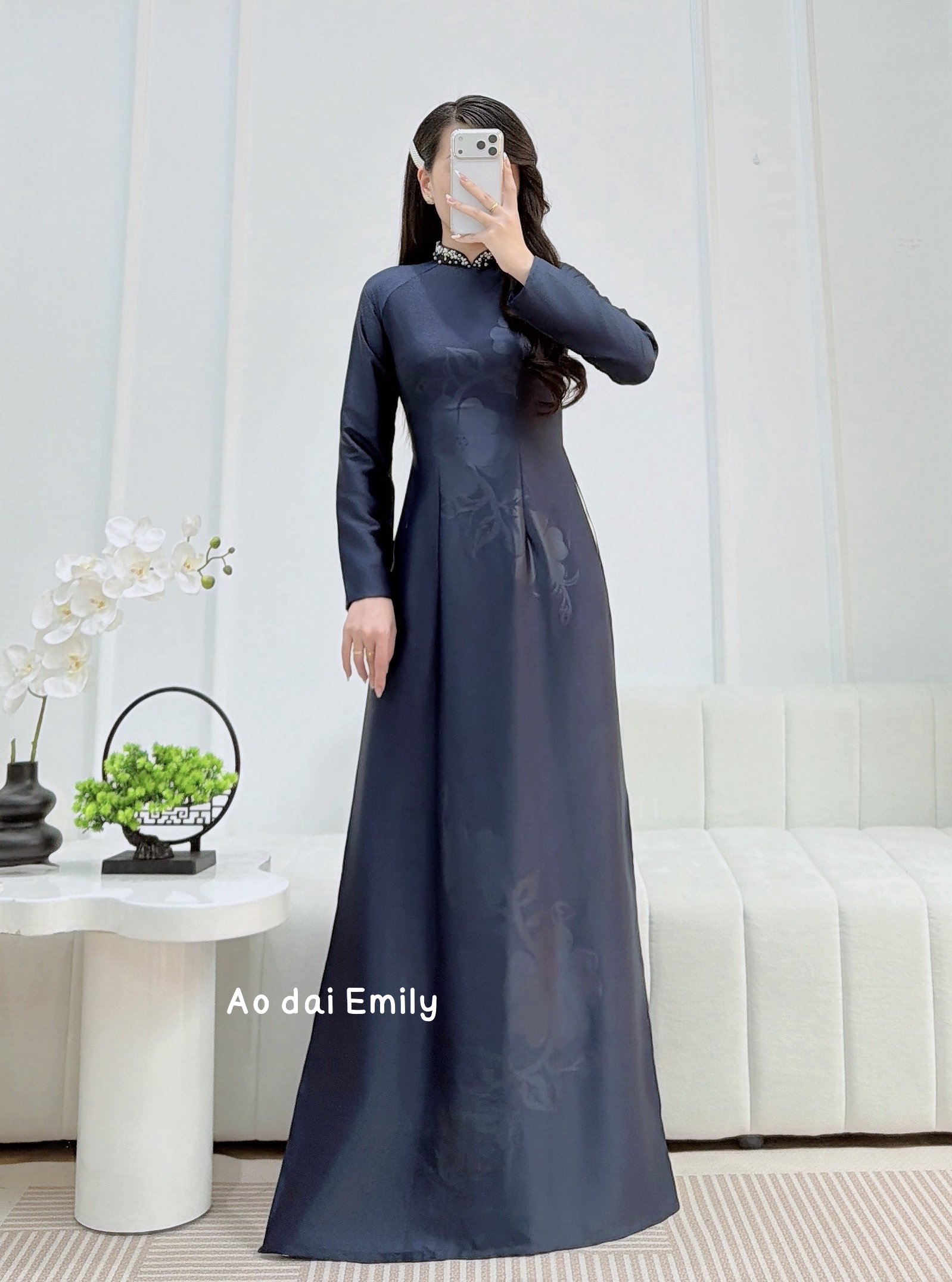 Mid night blue Pre made ao dai with beading crystals collar| Common vervain