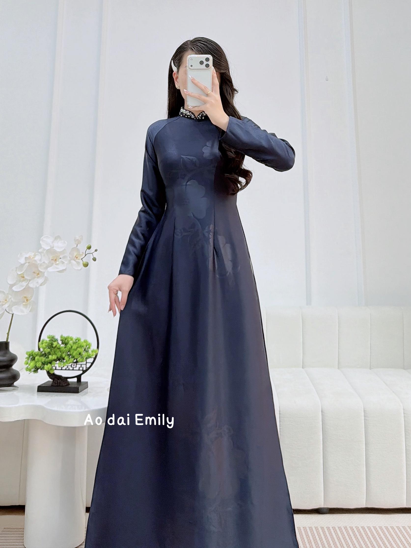 Mid night blue Pre made ao dai with beading crystals collar| Common vervain