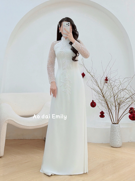 AMARANTH White Ao Dai with pearls crystal and lace