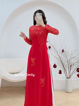 ALLIUM Red &nbsp;Ao Dai with pearls crystal and 3D lace flowers
